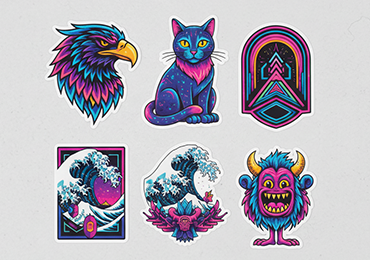 A collection of custom die-cut vinyl stickers with a company logo